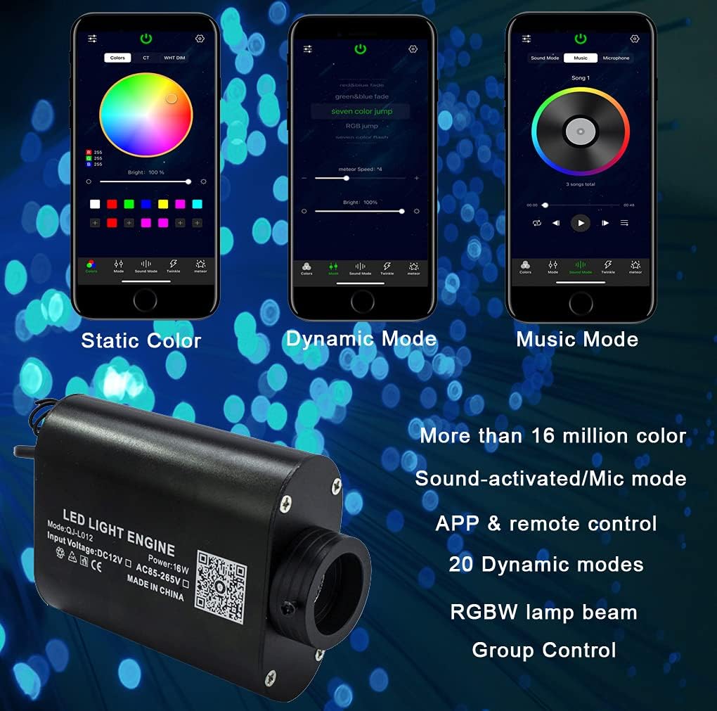 Bluetooth Car Use 16W RGBW Fiber Optic Light Star Ceiling Kits Music Mode 300pcs 0.03in 6.5ft Fiber Strands Remote/APP Control Headliner Light Decoration R9169
