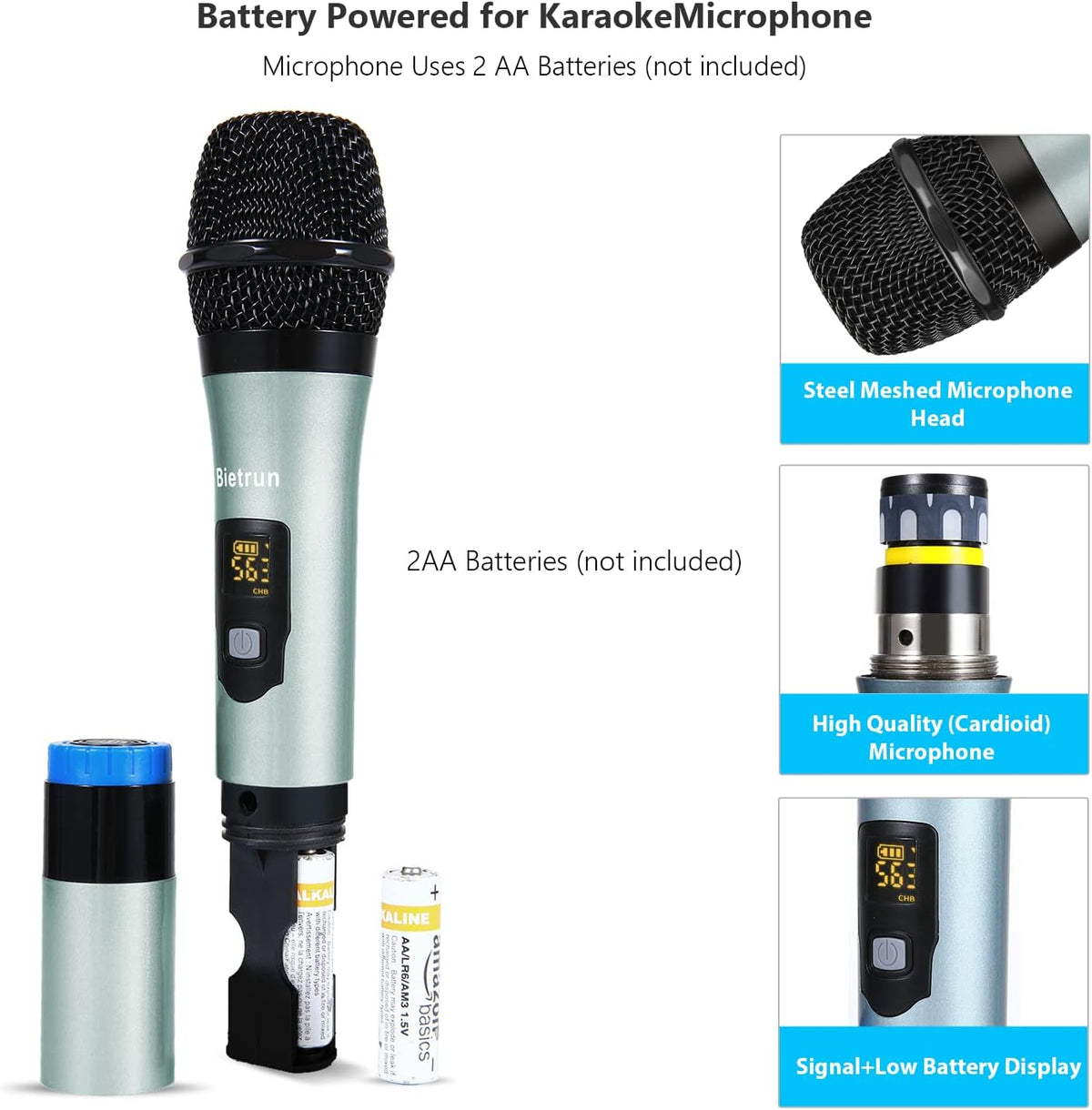 UHF Dual Channel Wireless Microphones with Bluetooth, Metal Cordless Handheld Dynamic Mics C256708
