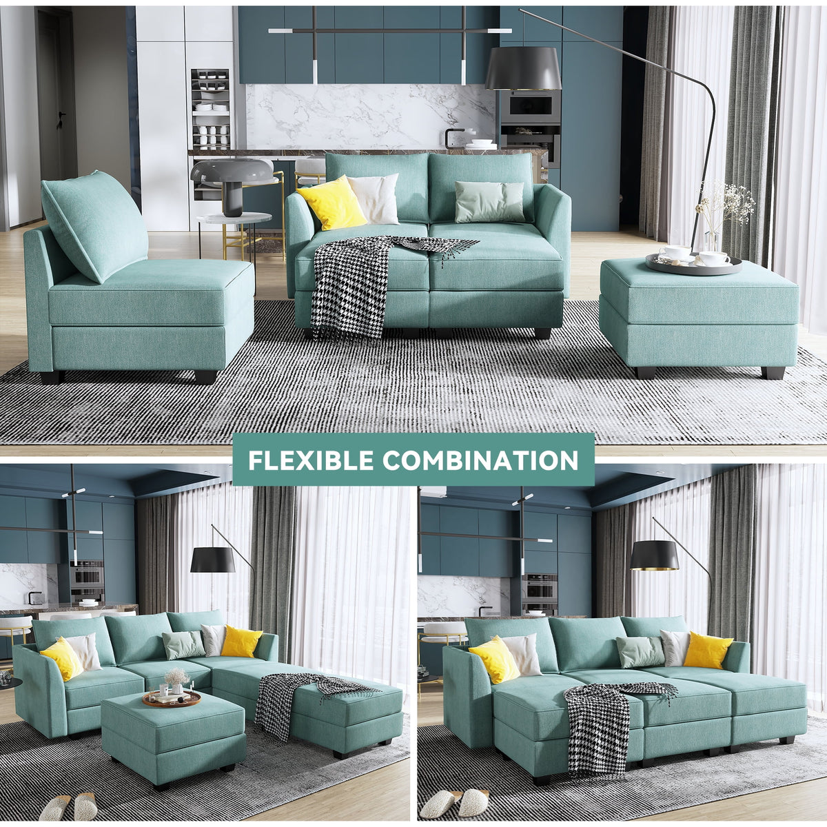 Aqua Blue Fabric Sleeper Sectional Sofa Bed with Storage Ottomans Z55570