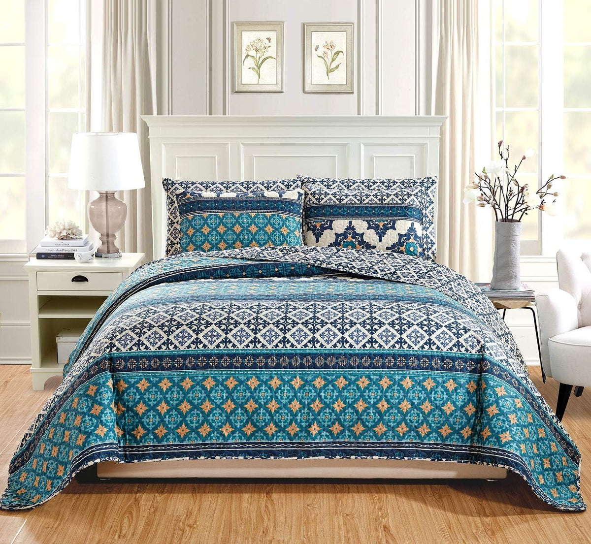 3-Piece Oversize Tropical Seashell Queen Bedspread Coverlet Set Aqua Blue Sand White R649525