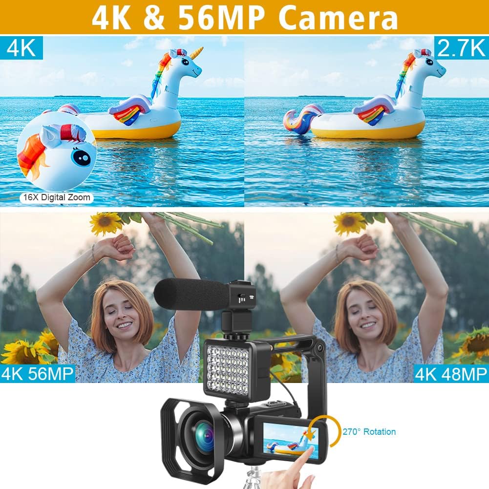 4K UHD 56MP Vlogging Camera with Microphone, 16X Zoom, 3.0 Touch Screen, IR Night Vision, Wi-Fi H213621