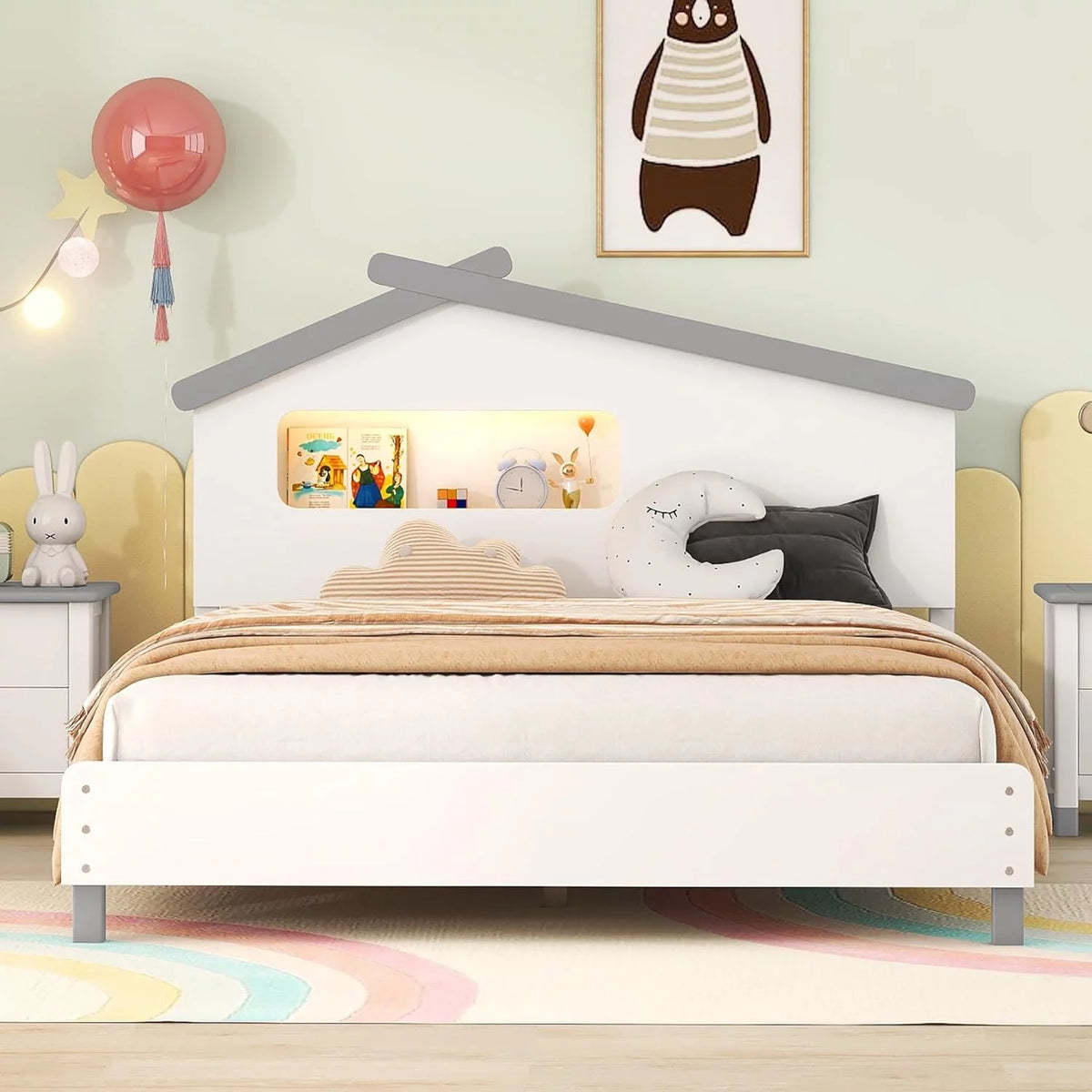 Full Size Wood Platform Bed Frame with House-Shaped Headboard and Night Lights T7641