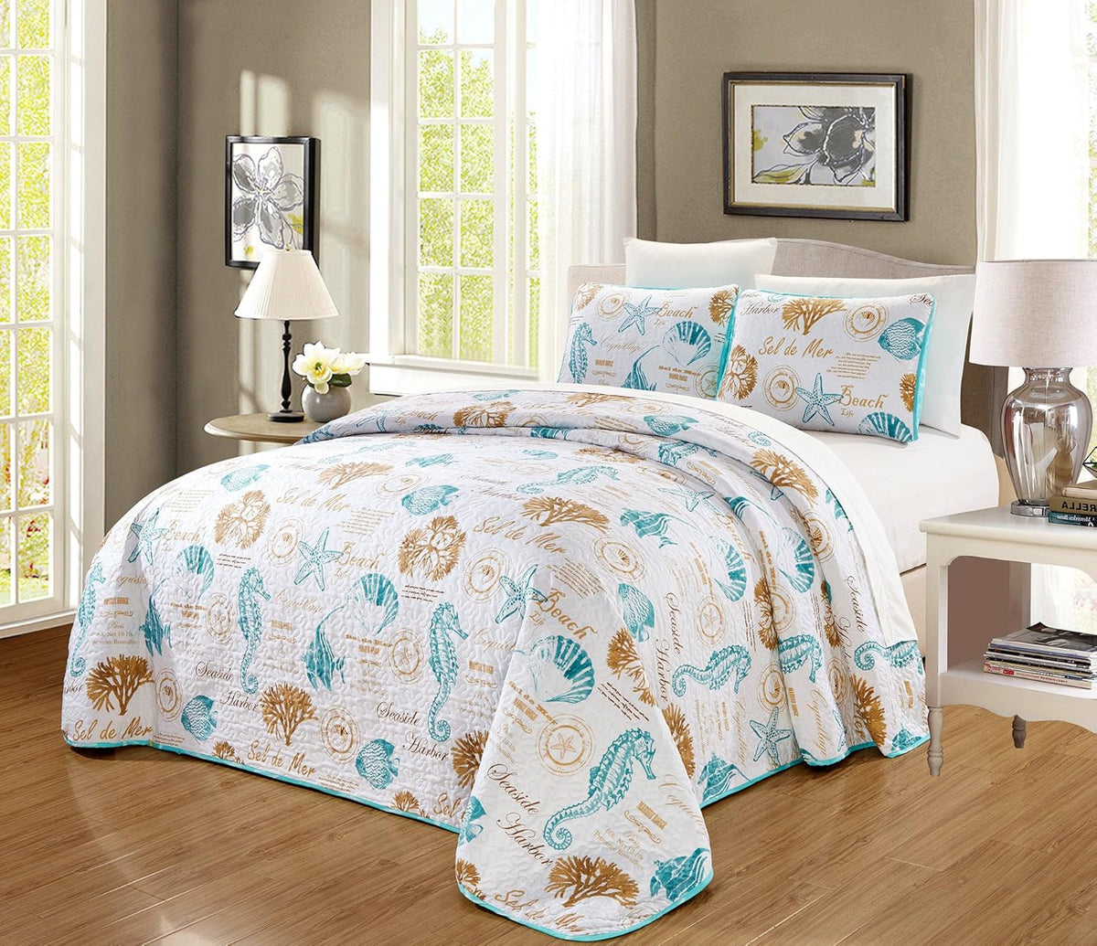 3-Piece Oversize Tropical Seashell Queen Bedspread Coverlet Set Aqua Blue Sand White R649525