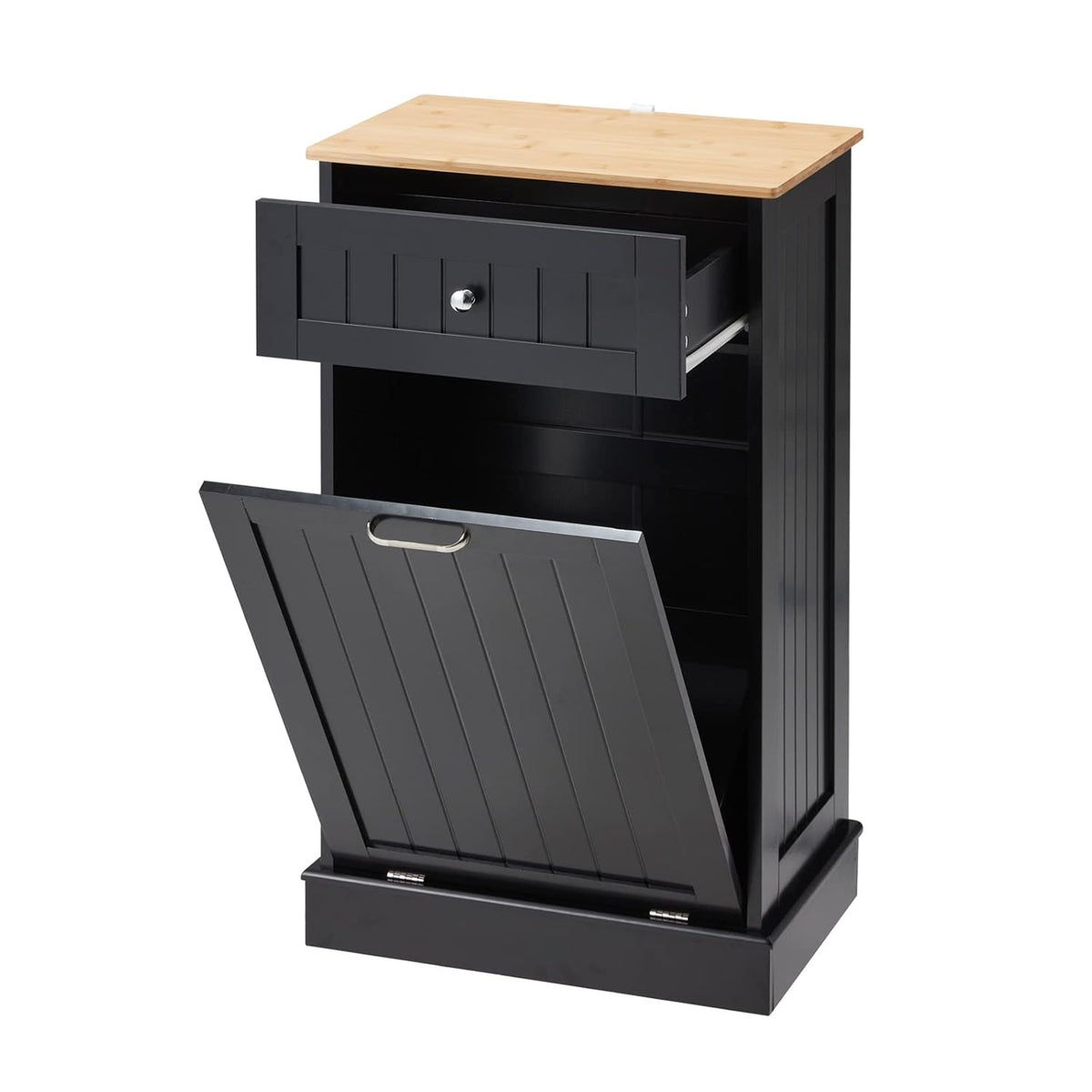 Black 10 Gallon Wood Trash Can Cabinet with Drawer & Cutting Board T105