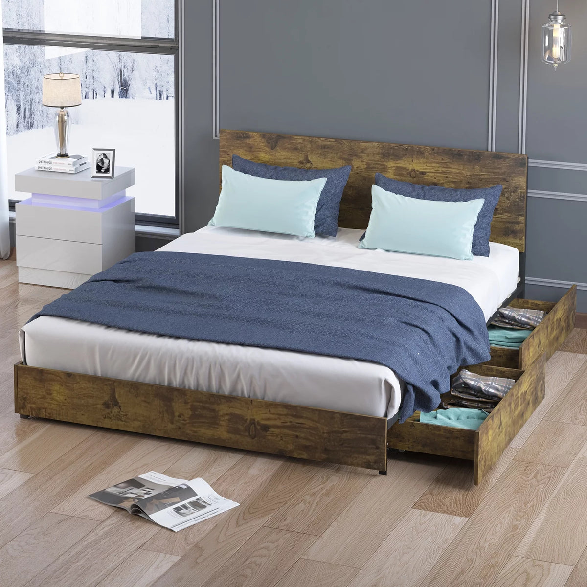 King Size Wooden Headboard Storage Bed Frame M35775