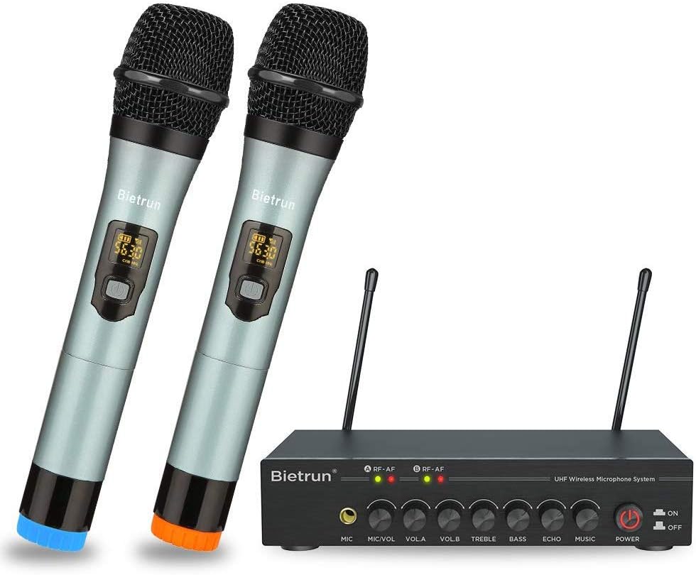 UHF Dual Channel Wireless Microphones with Bluetooth, Metal Cordless Handheld Dynamic Mics C256708