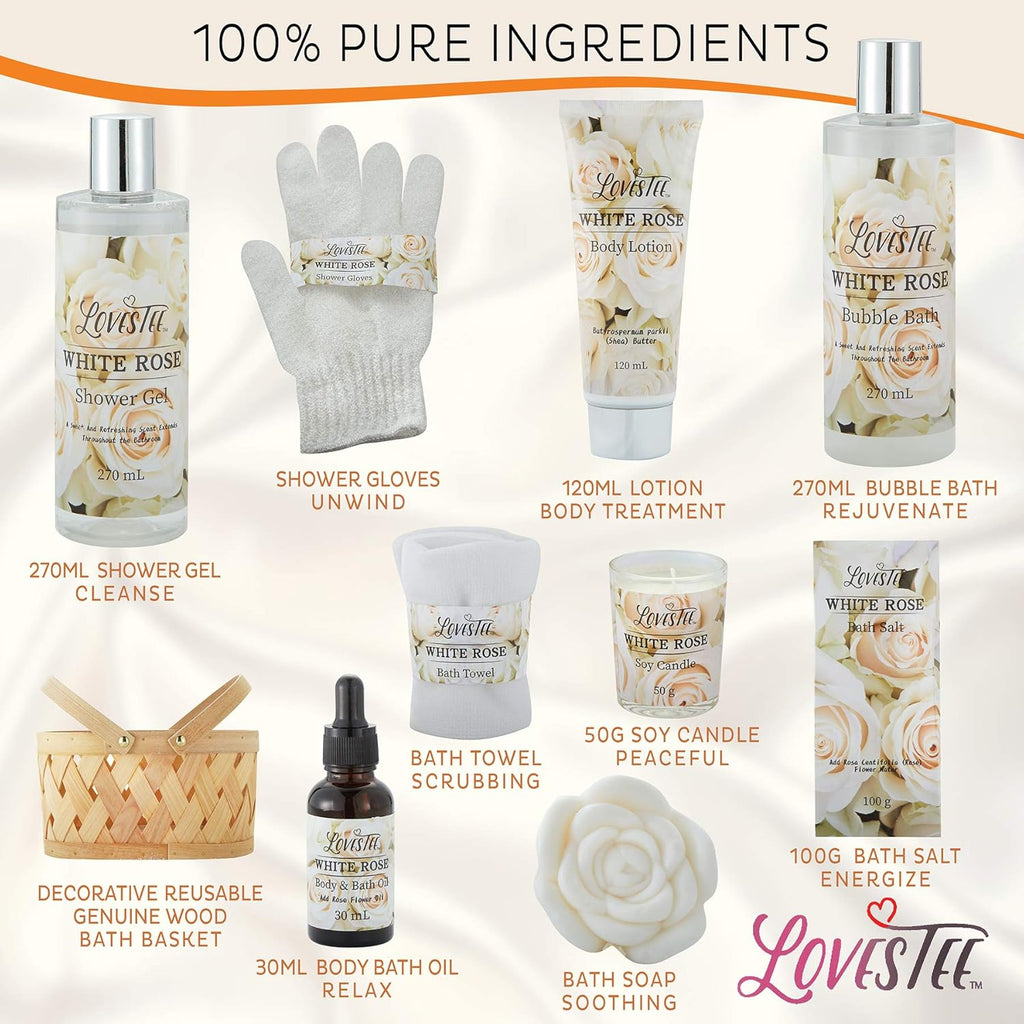 White Rose Set Body Lotion, Shower Gel, Bubble Bath, Bath Salt, Towel, Soap, Oil, Candle, Gloves Q2912