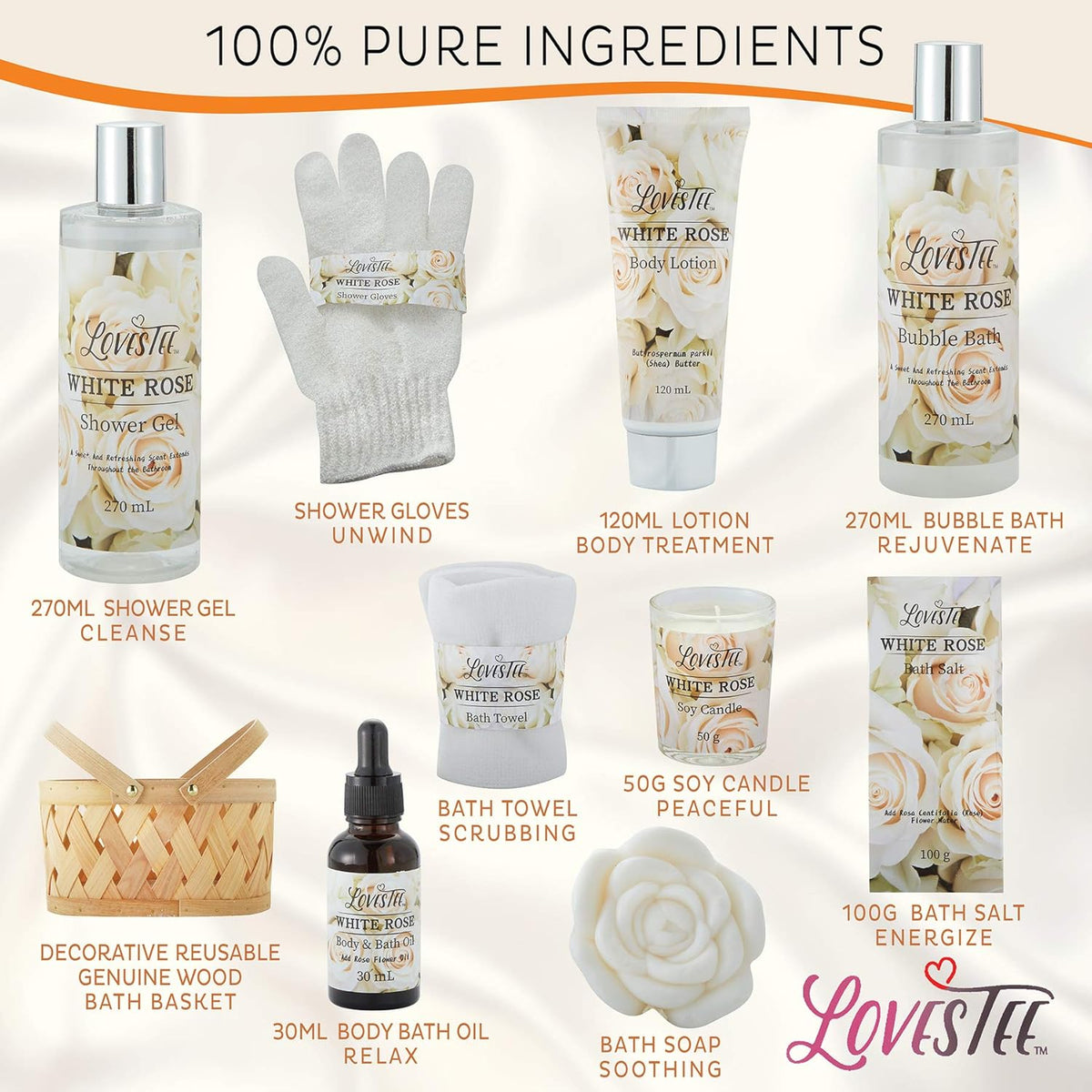 White Rose Set Body Lotion, Shower Gel, Bubble Bath, Bath Salt, Towel, Soap, Oil, Candle, Gloves Q2912