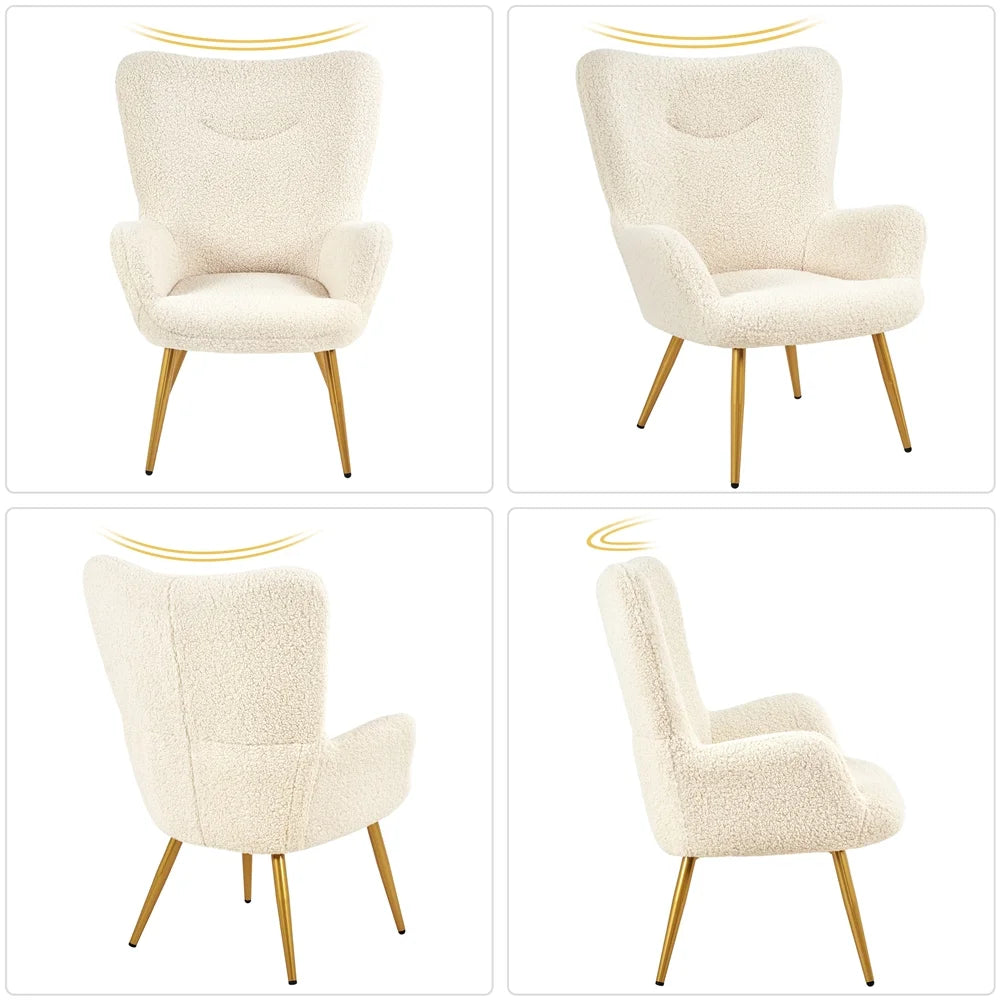 Ivory Boucle Accent Chair and Ottoman Set with Golden Metal Legs P99491