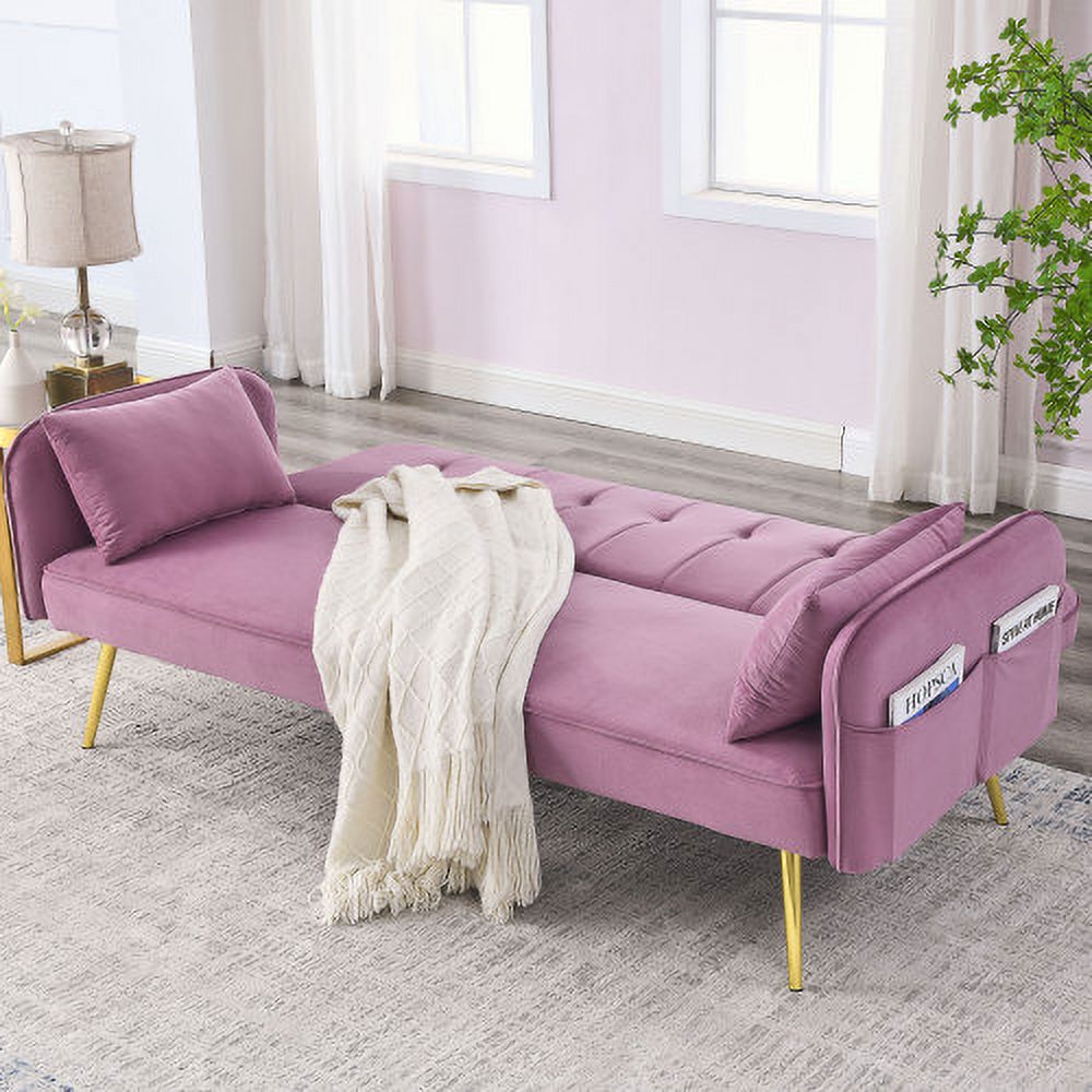 Convertible Velvet Sofa Bed with Two Pillows and Center Leg V562443