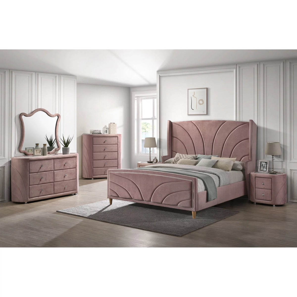 Pink 5 Drawer Velvet Upholstery Chest with Mirror X3787