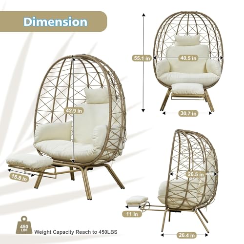 Oversized Beige Wicker Egg Chair with Cushion & Footrest D708147