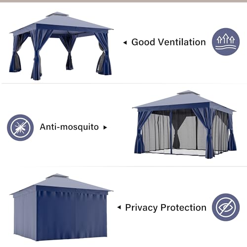 10'x13' Heavy Duty Outdoor Patio Gazebo with Double Roofs, Mosquito Nets and Privacy Screens J993