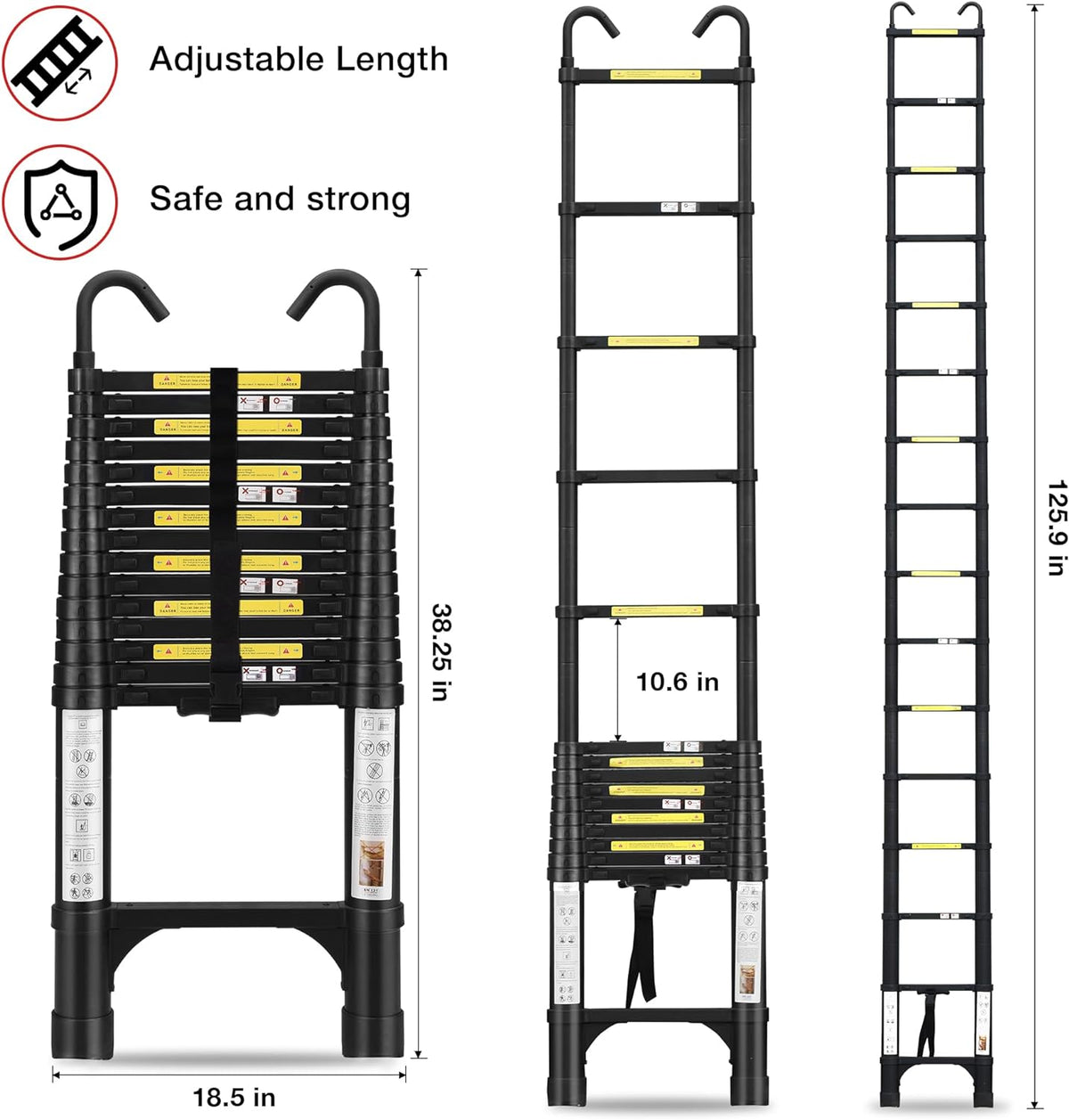 Telescoping Ladder 10.5 FT Aluminum with 2 Detachable Roof Hooks and 2 Triangle Stabilizers C43189