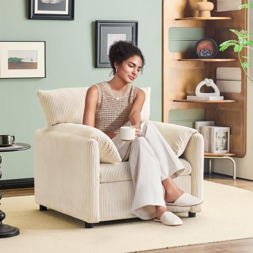 Corduroy Single Sofa Chair with Side Pocket Oversized Armchair (Beige) K108