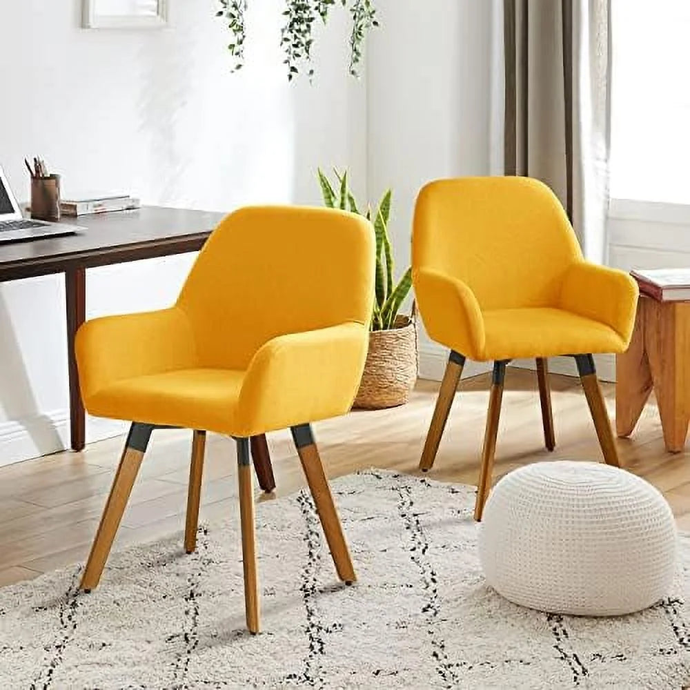 Yellow Linen Fabric Swivel Accent Chair with Solid Wood Legs F7583