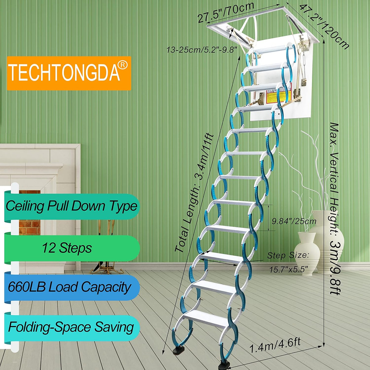 Blue Carbon Steel Folding Attic Ladder 9.8ft V568793
