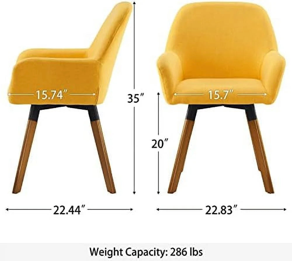 Yellow Linen Fabric Swivel Accent Chair with Solid Wood Legs F7583