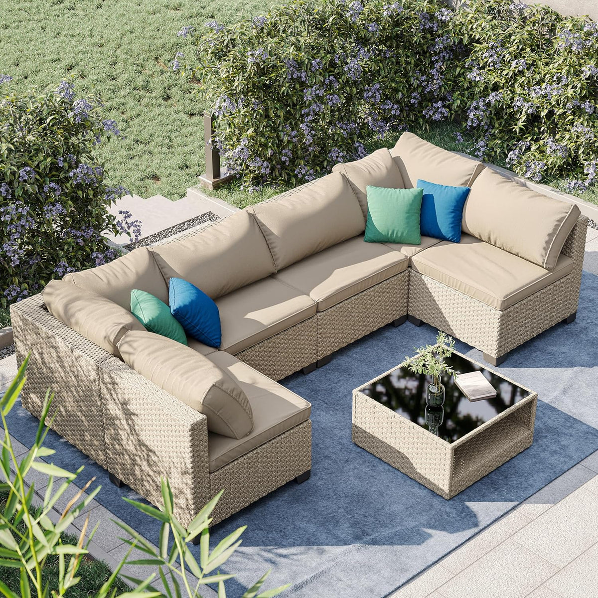 Beige 7-Piece Patio Sectional Sofa with Grey Cushions J7007