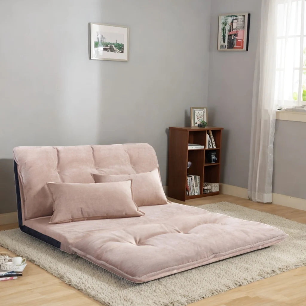 Beige Adjustable Folding Futon Sofa with Two Pillows A6454
