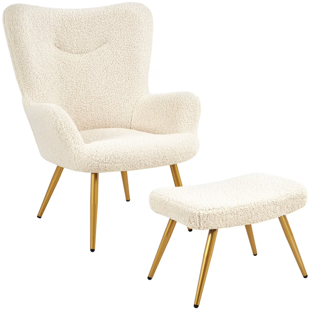 Ivory Boucle Accent Chair and Ottoman Set with Golden Metal Legs P99491