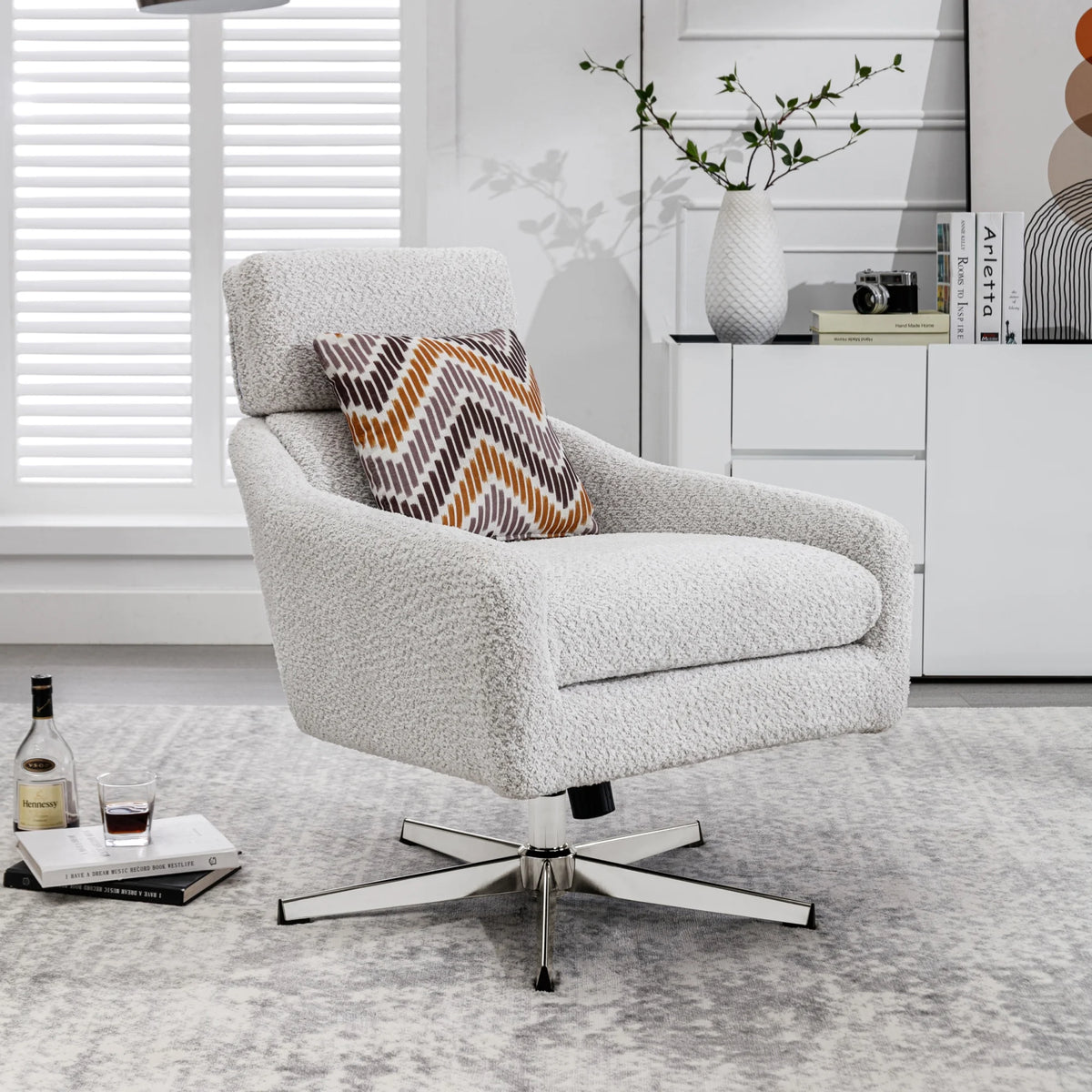 Beige Linen Swivel Armchair with Ottoman H758