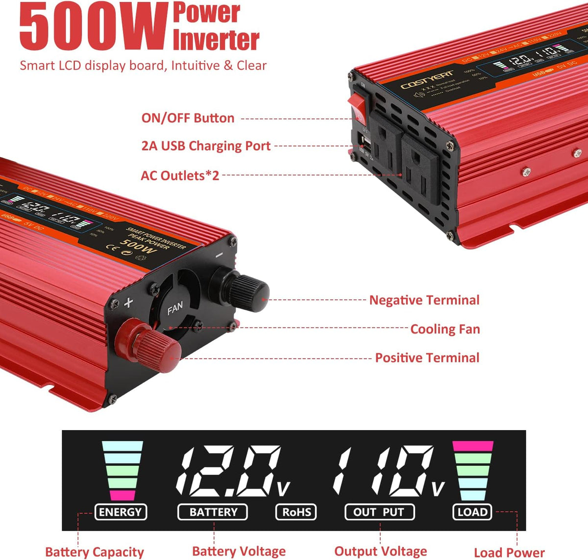 500W Power Inverter DC 12V to 110V AC Car Inverter with Alligator Battery Clamp, LCD Display, Dual AC Outlets & 2.0A USB Ports S545