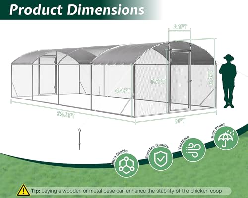 9x25.3x6.4 FT Large Walk-in Chicken Coop with Dome Roof, PE Cover & Wire Mesh H2770