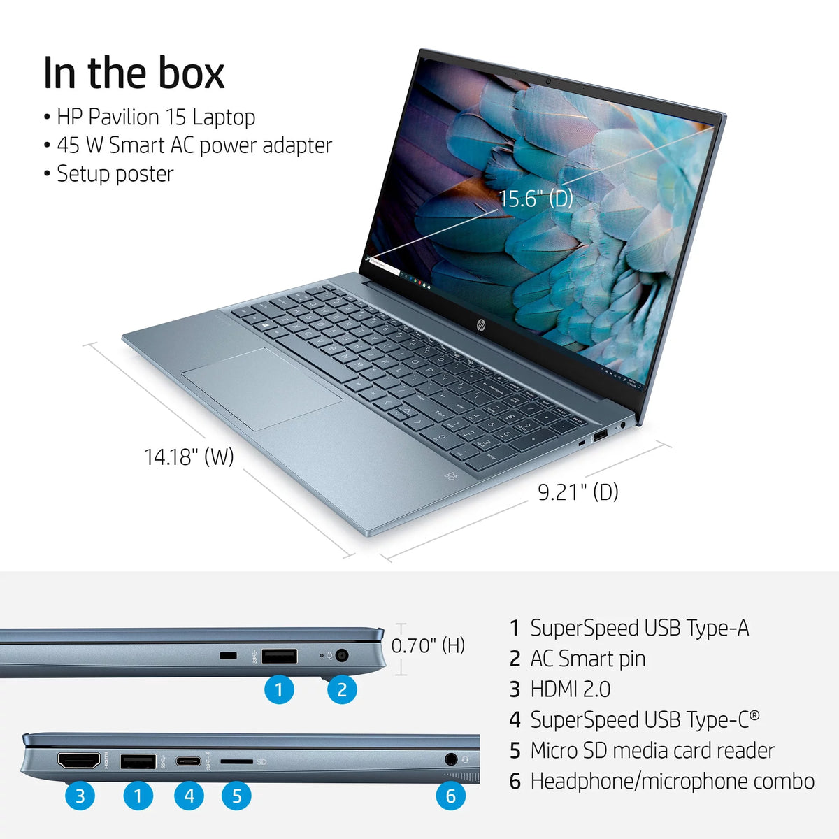 15.6" FHD Laptop, AMD Ryzen 5-5500U, 16GB RAM, 512GB SSD, Horizon Blue, Windows 11 K262048