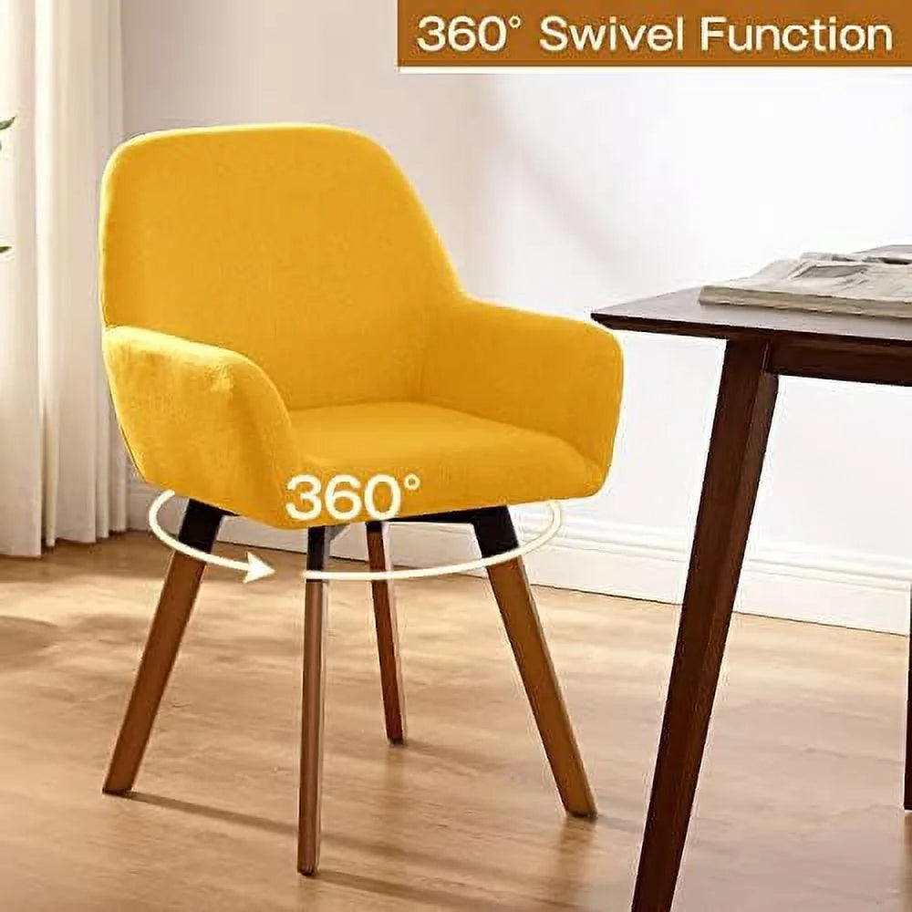 Yellow Linen Fabric Swivel Accent Chair with Solid Wood Legs F7583