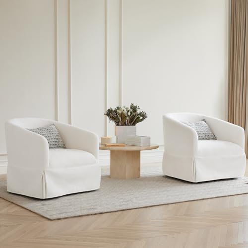 Cream White Linen Fabric Swivel Accent Chair Set of 2 O866
