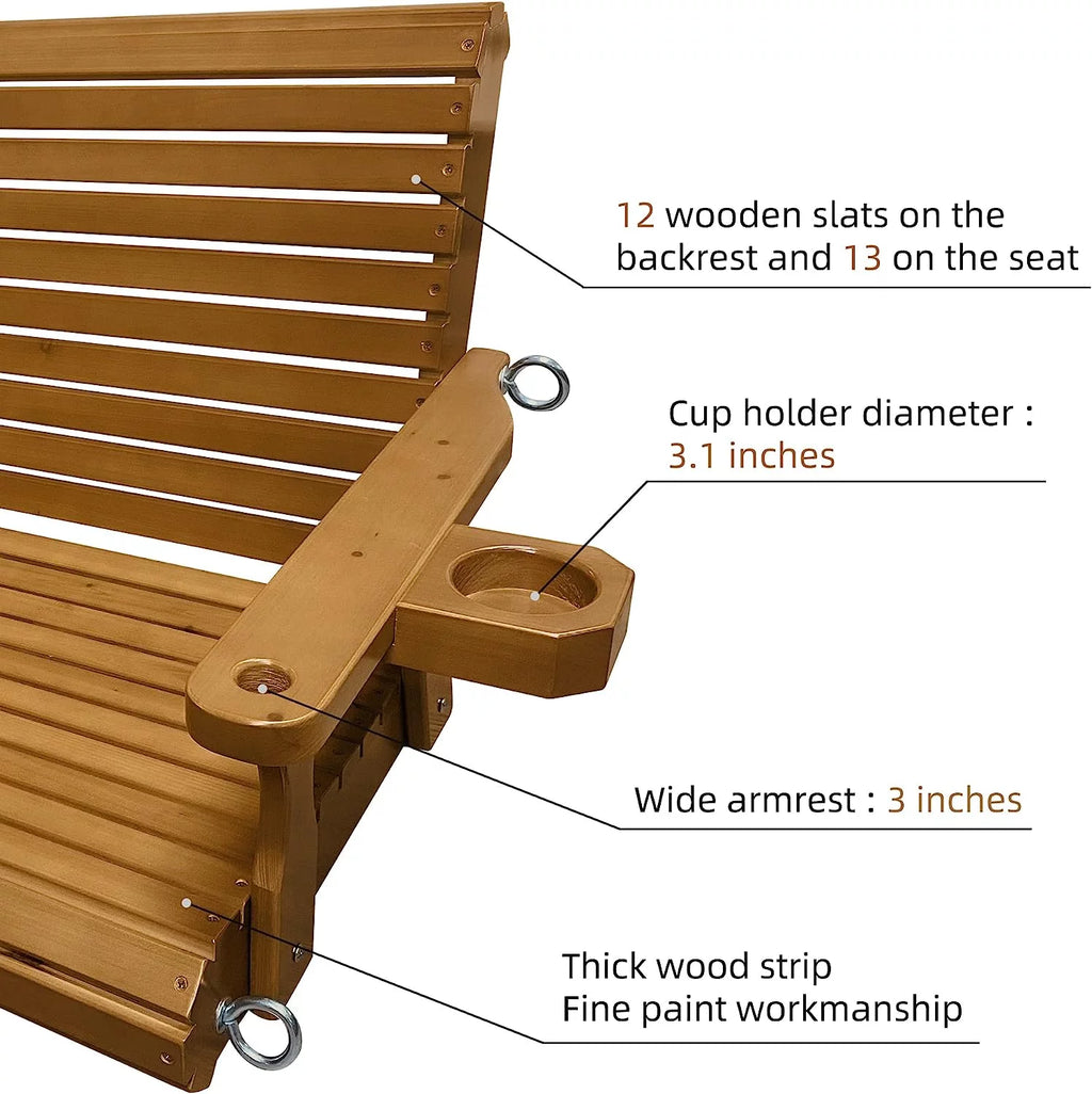 Brown 2 Seater Wooden Porch Swing with Cupholders D308