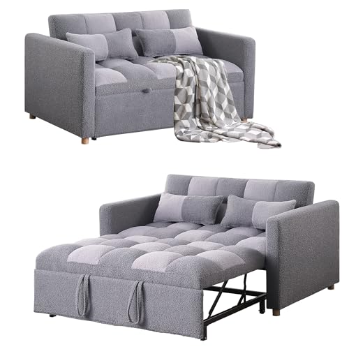 Brown Teddy Fabric Pull Out Sleeper Sofa with Adjustable Backrest and Pillows E603