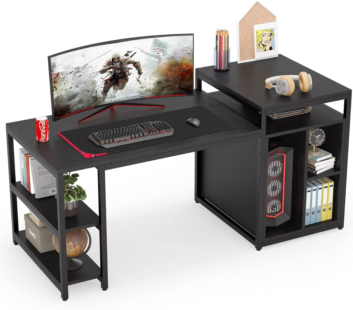 Extra Large Computer Desk with Storage Shelf and Cabinet, Dark Walnut P537