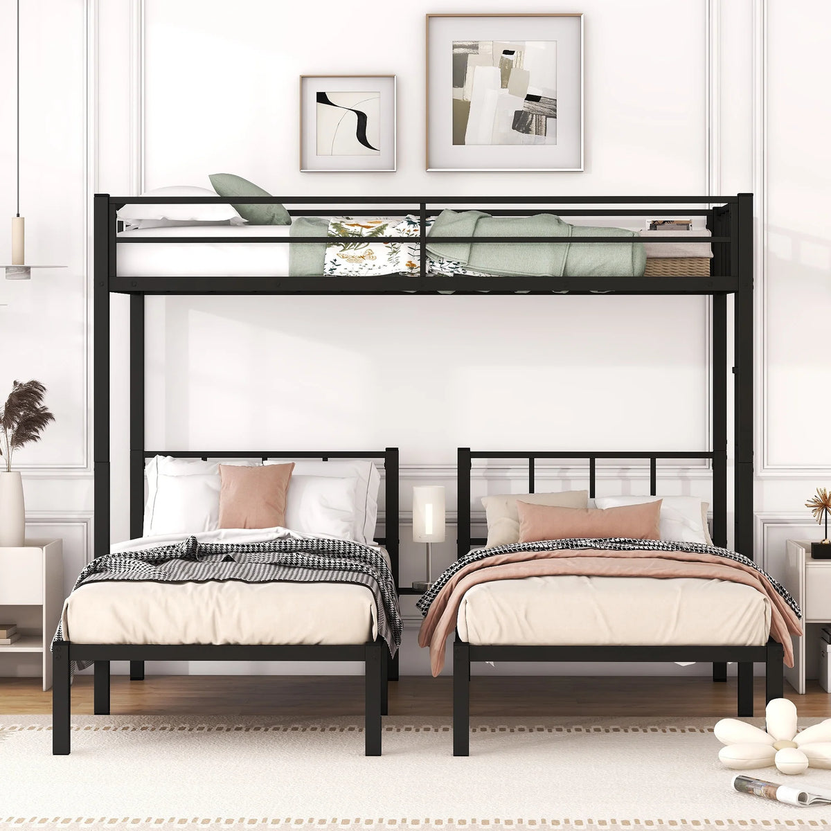 Black Twin XL over Twin & Twin Metal Triple Bunk Bed Q68084
