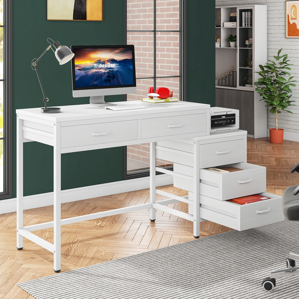 White 5 Drawers Computer Desk with Reversible Filing Cabinet S5602