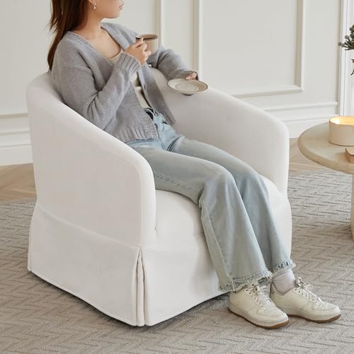 Cream White Linen Fabric Swivel Accent Chair Set of 2 O866
