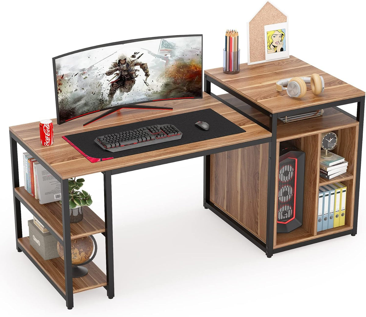 Extra Large Computer Desk with Storage Shelf and Cabinet, Dark Walnut P537