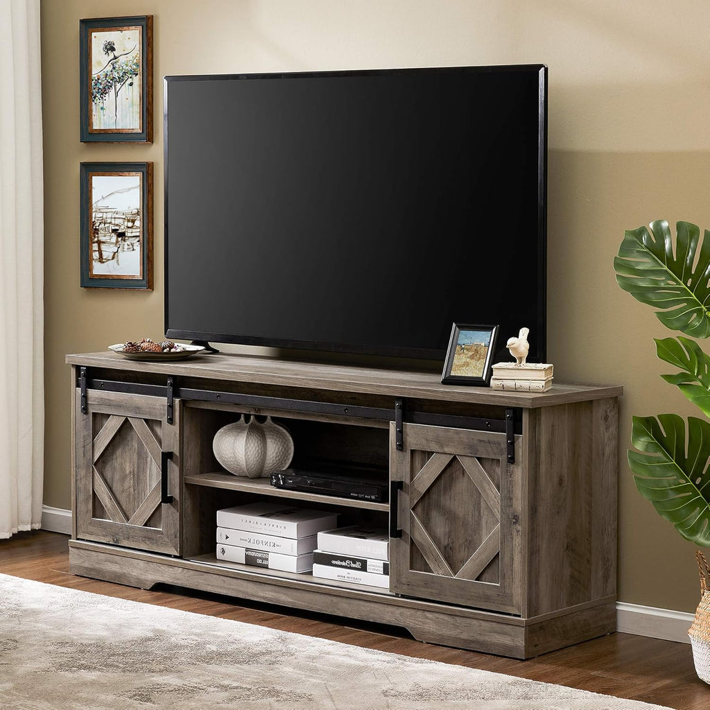 Farmhouse Sliding Barn Door TV Stand for TVs Up to 65 inch, Rustic Brown F30282