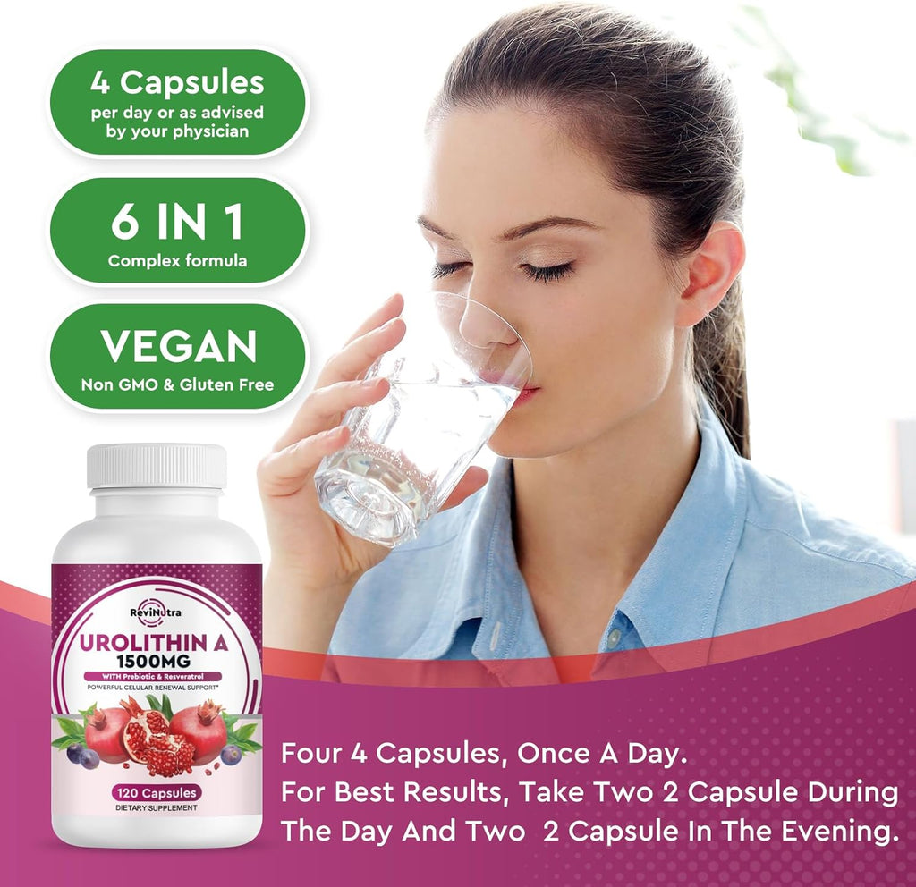 Urolithin A Supplement 1000 mg with Resveratrol, Pomegranate Extract, Green Tea, Vitamin C, E, 120 Capsules K332