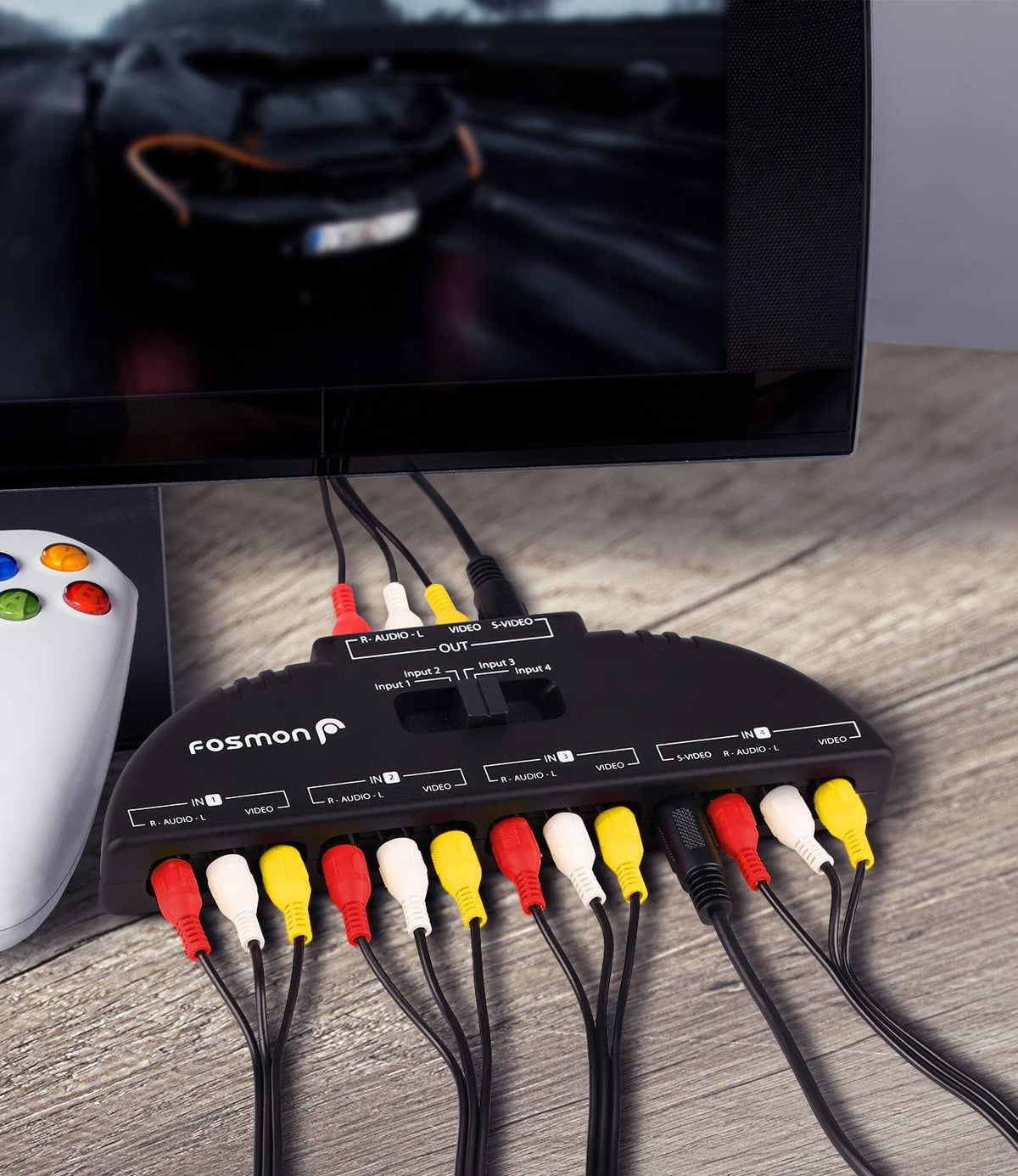 RCA Splitter with 4-Way Audio, Video RCA Switch Selector Box with RCA Patch Cable and S-Video Cable N4920