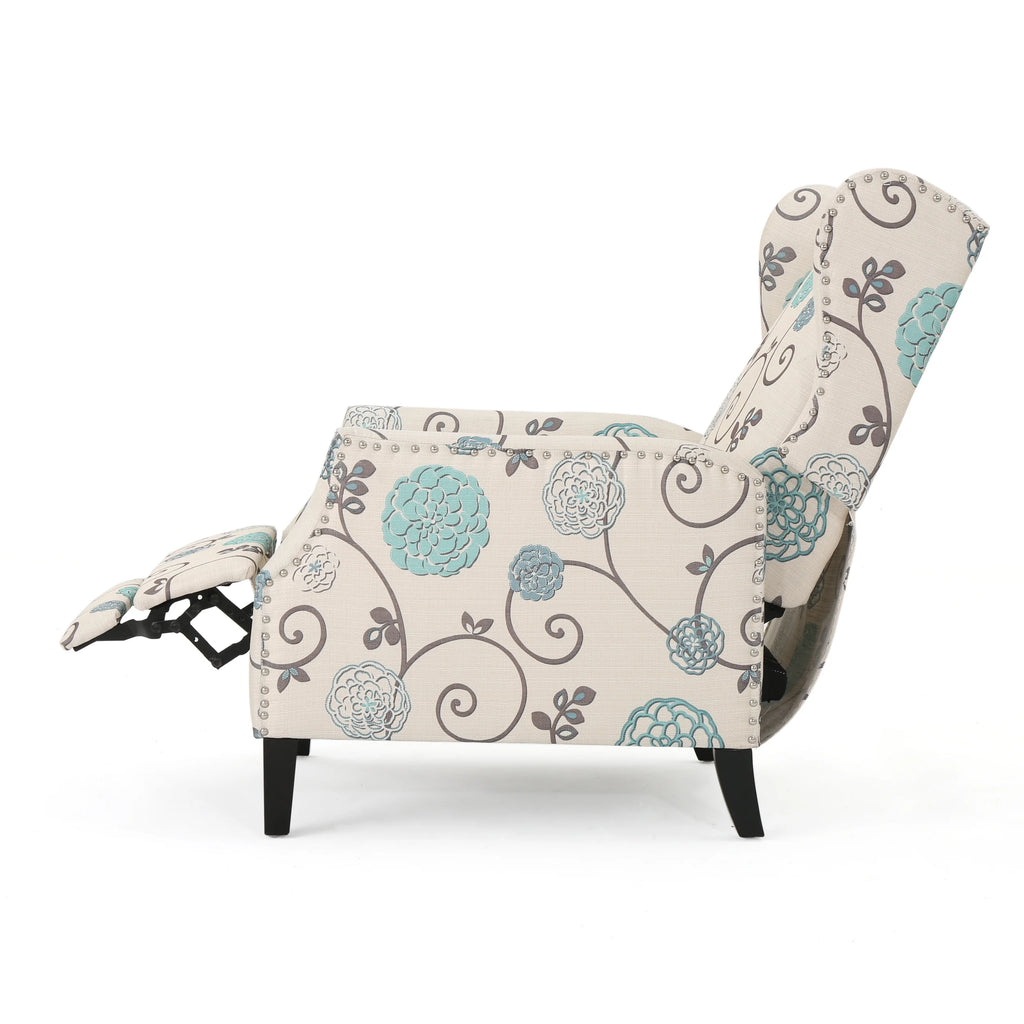 White and Blue Fabric Wing Back Recliner V359
