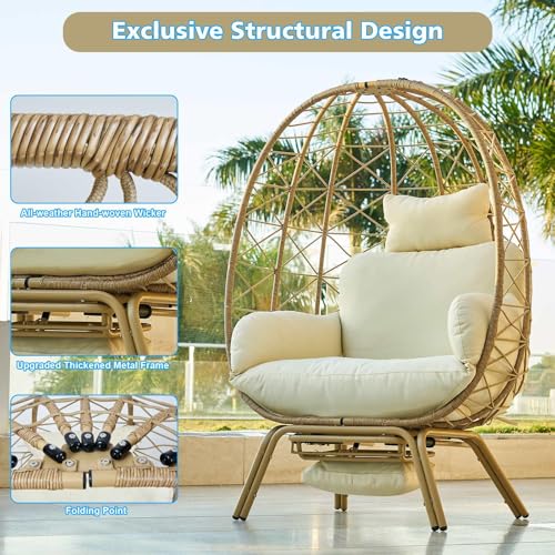 Oversized Beige Wicker Egg Chair with Cushion & Footrest D708147