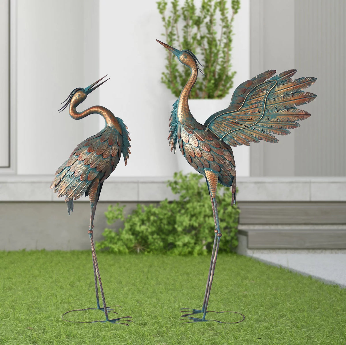 Metal Heron Garden Statues Set of 2 P23322