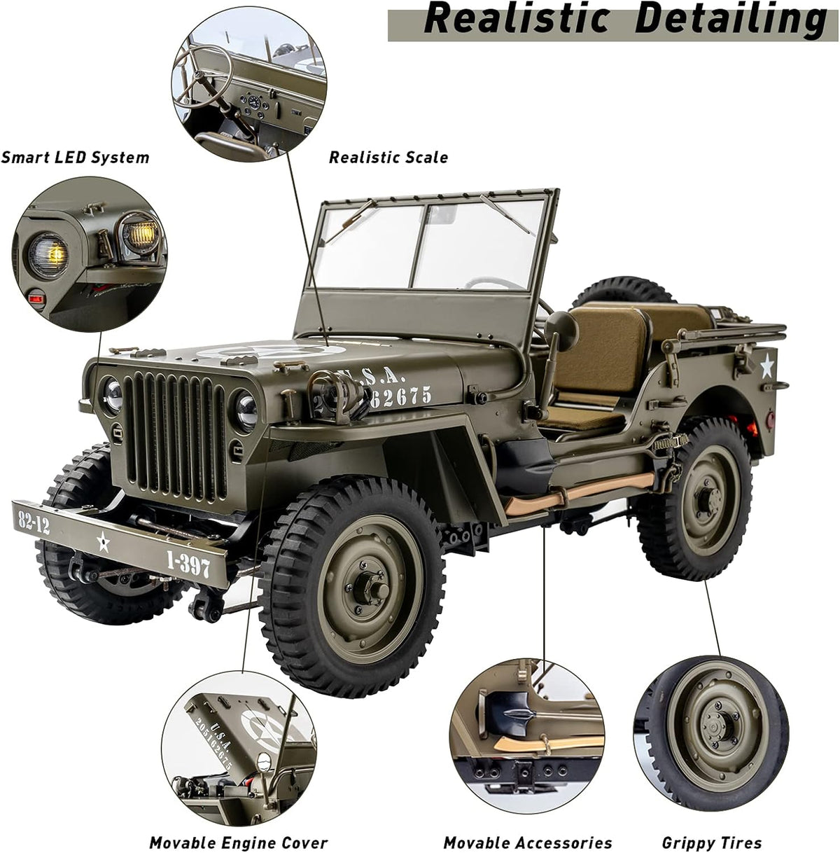 1/12 1941 MB Scaler RC Jeep Rock Crawler with LED Lights C479