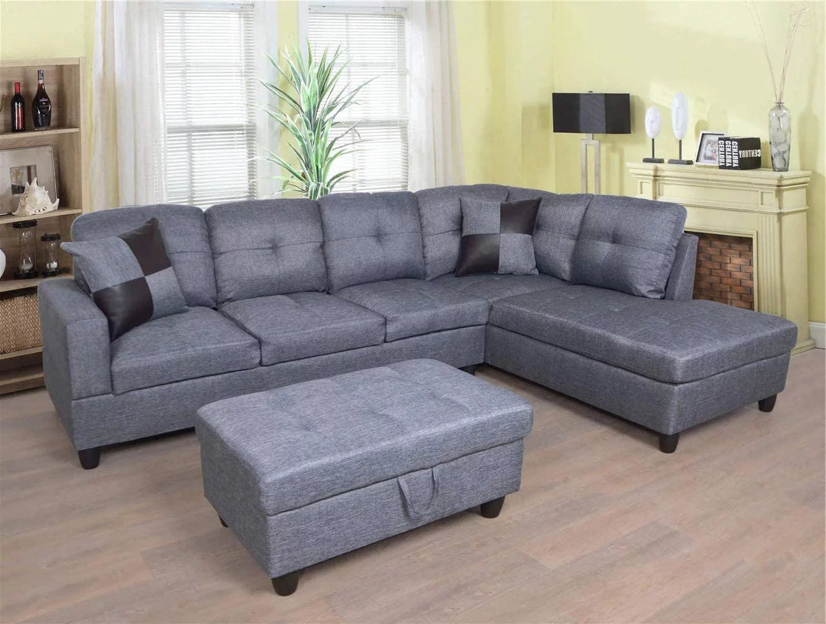 3-Piece L-Shaped Sectional Sofa with Chaise Storage Ottoman and Pillows F994703