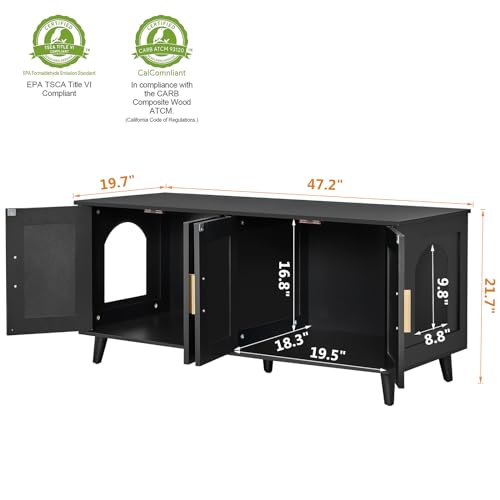 Boho Cat Litter Box Enclosure with Double Rattan Decorated Doors, 47.2"L x 19.7"W x 21.7"H, Natural J296