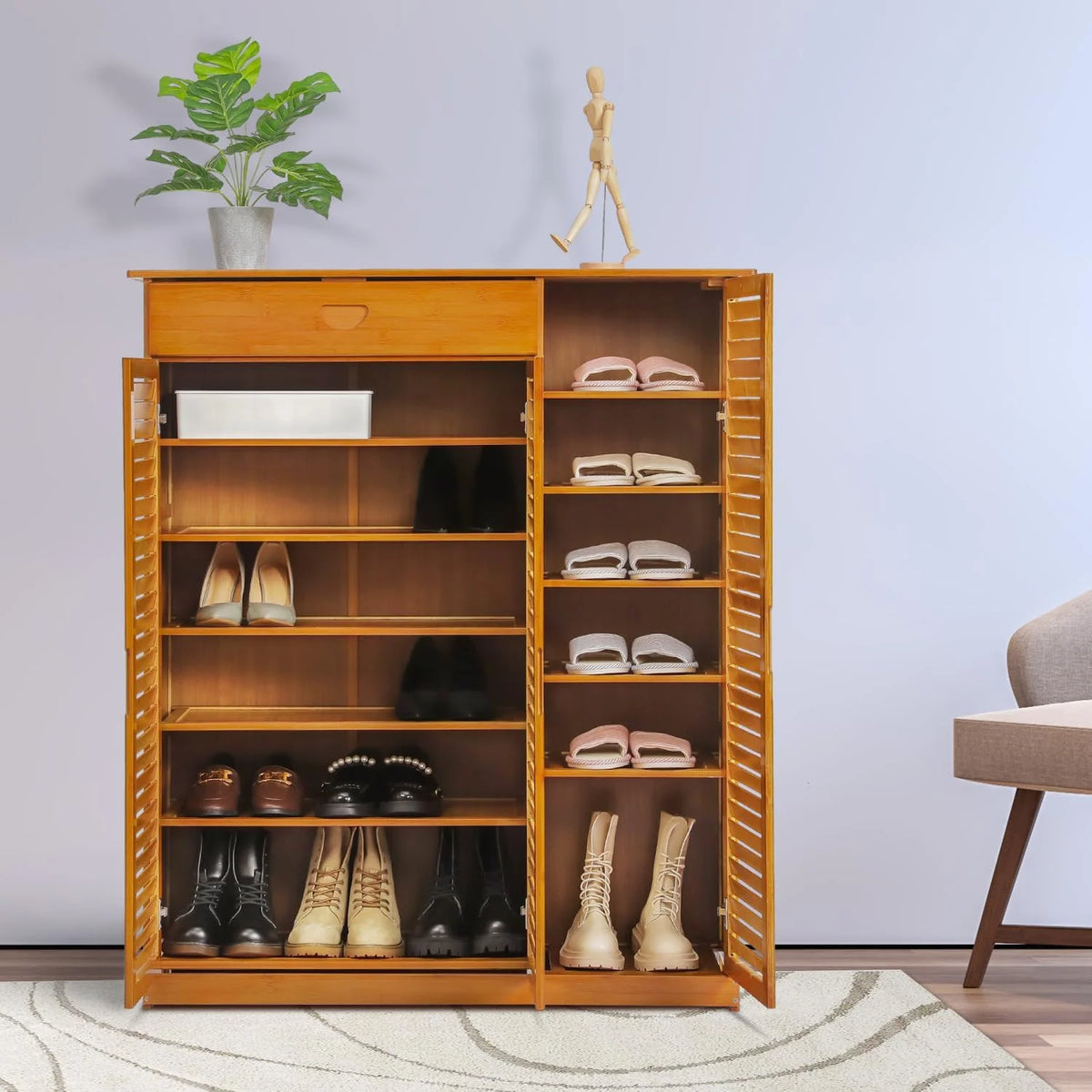 Bamboo Shoe Storage Cabinet With Drawer & Shutter Door L263966