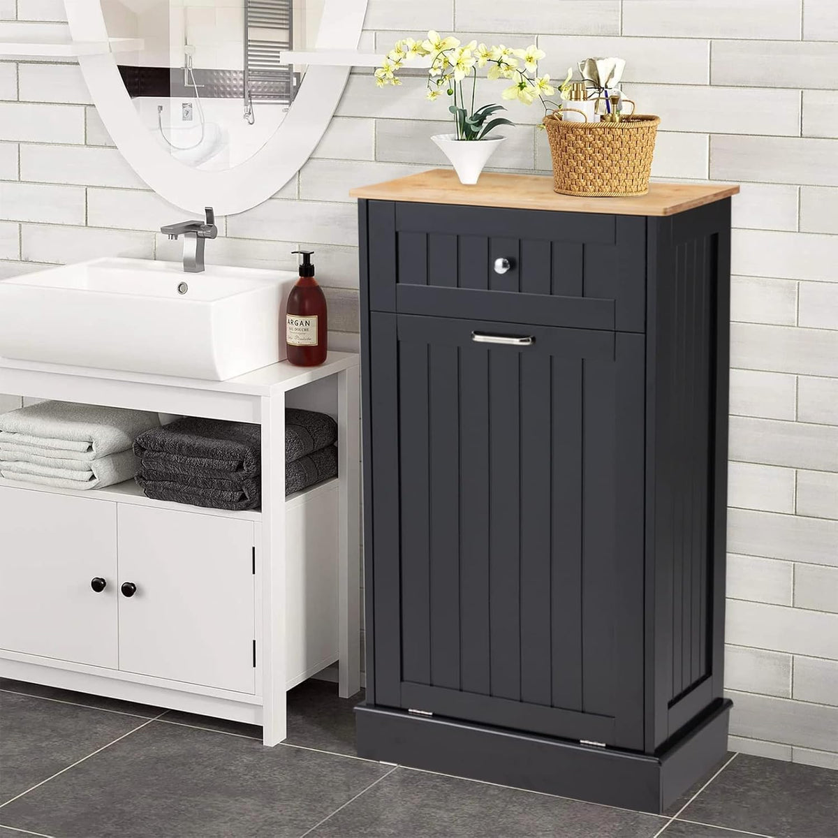 Black 10 Gallon Wood Trash Can Cabinet with Drawer & Cutting Board T105