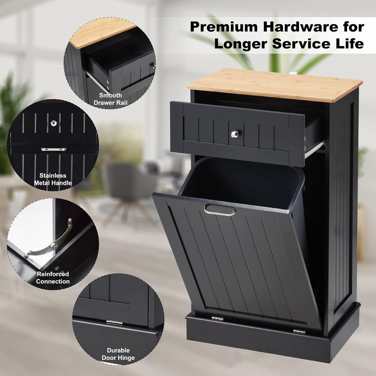 Black 10 Gallon Wood Trash Can Cabinet with Drawer & Cutting Board T105